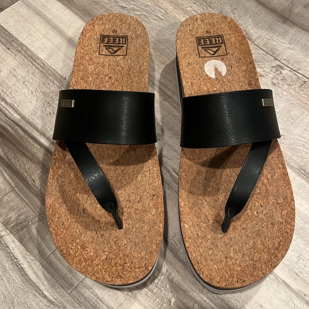 Reef cushion sol hi Black Sandals with Cork Footbed platform sole size 10 - Picture 5 of 10